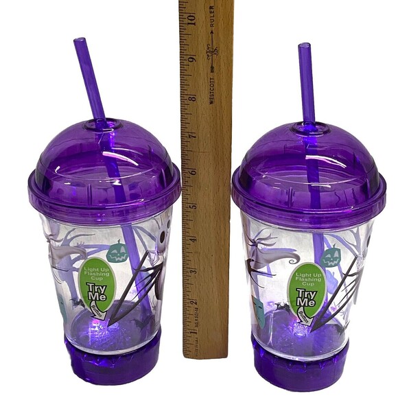 Jack Skellington Flashing Lights Purple Dome Top Cup W Straw New Lot Of 2 Disney - Picture 5 of 6